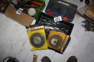 Drill bits, grinding wheel, wire brush, misc. Box end wrenches